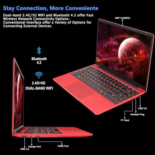 WOZIFAN 14" Laptop 6GB RAM 256GB SSD Traditional Laptops Computer Win 11 Full Metal 2.4G+5G WiFi BT 4.2 1920x1080 FHD with Wireless Mouse for Work Study Entertainment-Red