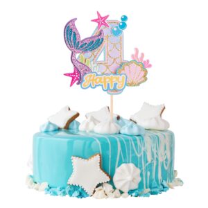 gyufise 1pc mermaid four cake topper happy 4th birthday cake decorations for boys girls babyshower under the sea themed mermaid birthday party decoration supplies