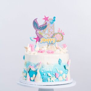 Gyufise 1Pc Mermaid Four Cake Topper Happy 4th Birthday Cake Decorations for Boys Girls Babyshower Under the Sea Themed Mermaid Birthday Party Decoration Supplies