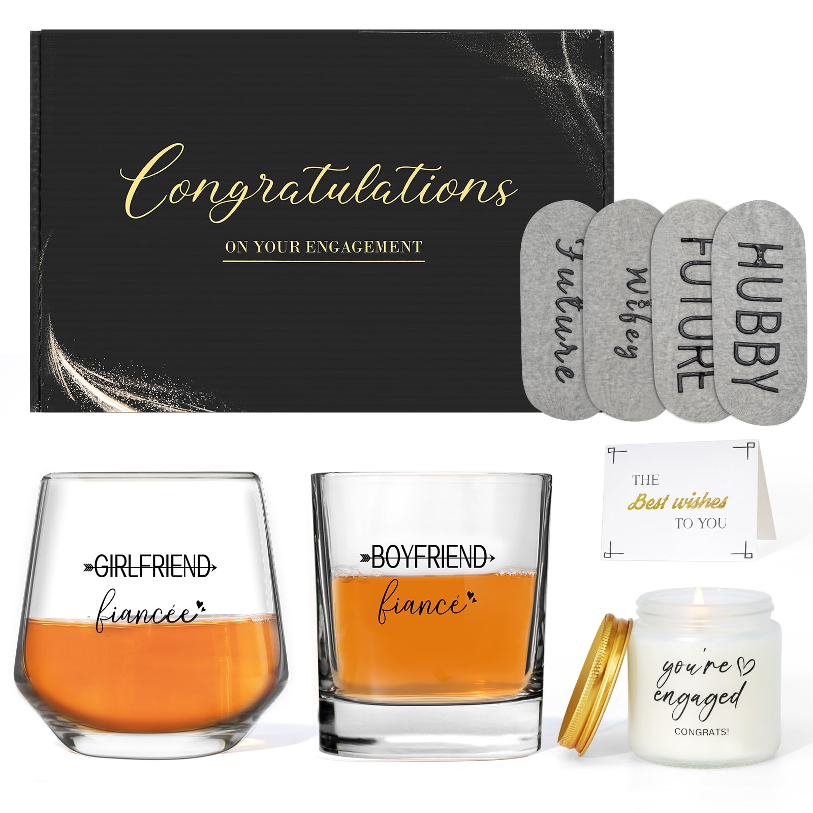 Engagement Gifts for Couples-Boyfriend & Girlfriend Wine and Whiskey Glass Set, Future Mr.&Mrs.' Socks, Candle,Greeting Card-Wedding Gifts for bride and groom, Cool Engagement Gifts for Women&Couple