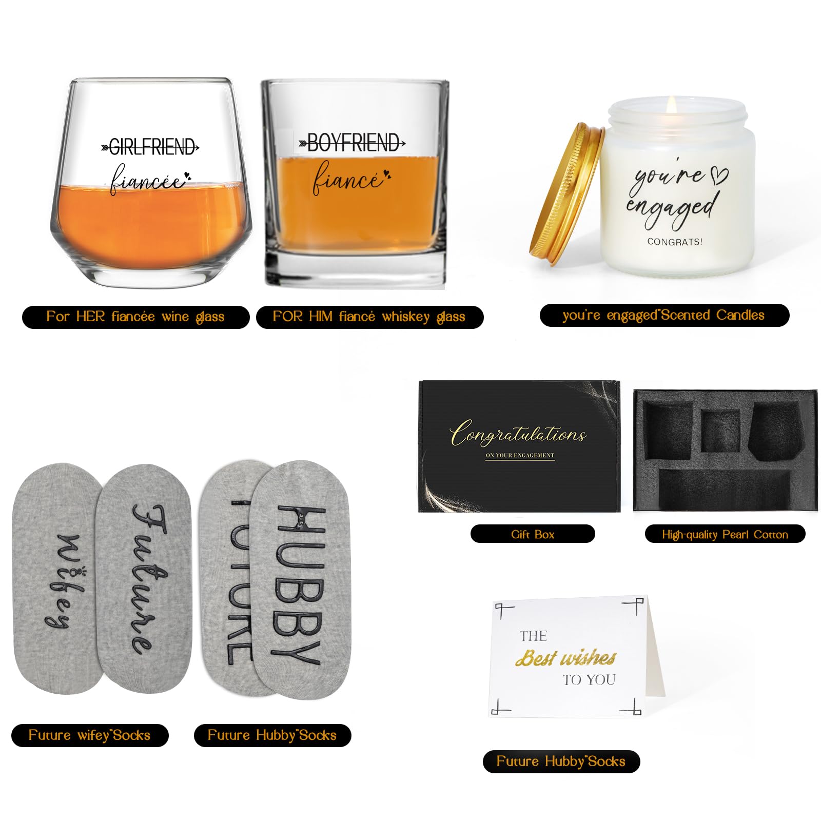 Engagement Gifts for Couples-Boyfriend & Girlfriend Wine and Whiskey Glass Set, Future Mr.&Mrs.' Socks, Candle,Greeting Card-Wedding Gifts for bride and groom, Cool Engagement Gifts for Women&Couple