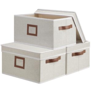 storage boxes with lids, 3 pack fabric collapsible storage organizer container with leather handle, 15.25 x 10.75 x 8.25 inch rectangular storage bins baskets for shelves home nursery, ivory white