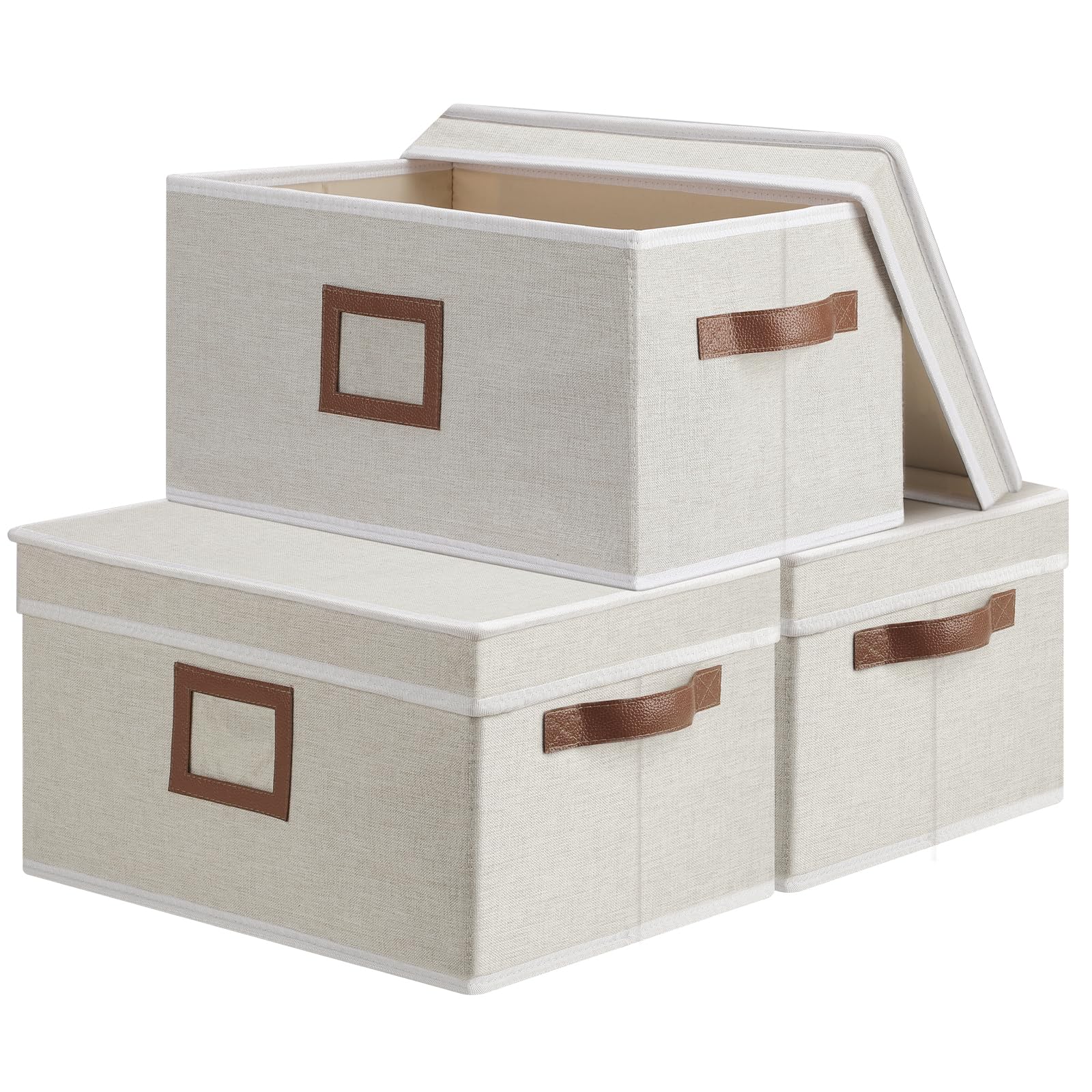 Storage Boxes with Lids, 3 Pack Fabric Collapsible Storage Organizer Container with Leather Handle, 15.25 x 10.75 x 8.25 inch Rectangular Storage Bins Baskets for Shelves Home Nursery, Ivory White