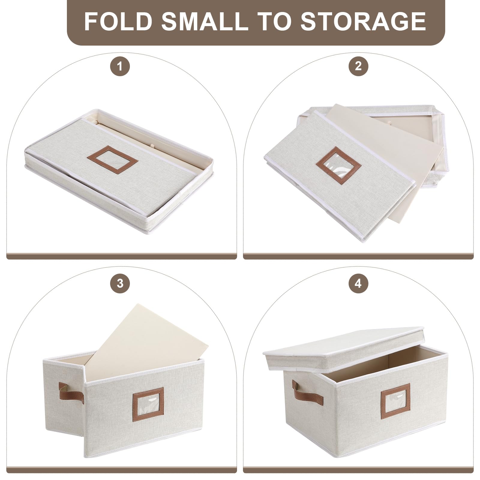 Storage Boxes with Lids, 3 Pack Fabric Collapsible Storage Organizer Container with Leather Handle, 15.25 x 10.75 x 8.25 inch Rectangular Storage Bins Baskets for Shelves Home Nursery, Ivory White