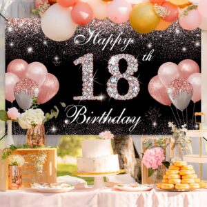 HTDZZI 18th Birthday Decorations for Girls, Happy 18th Birthday Backdrop Banner Rose Gold, 18 Year Old Birthday Party Yard Sign Photo Booth Props Background Decor Supplies for Women, Fabric