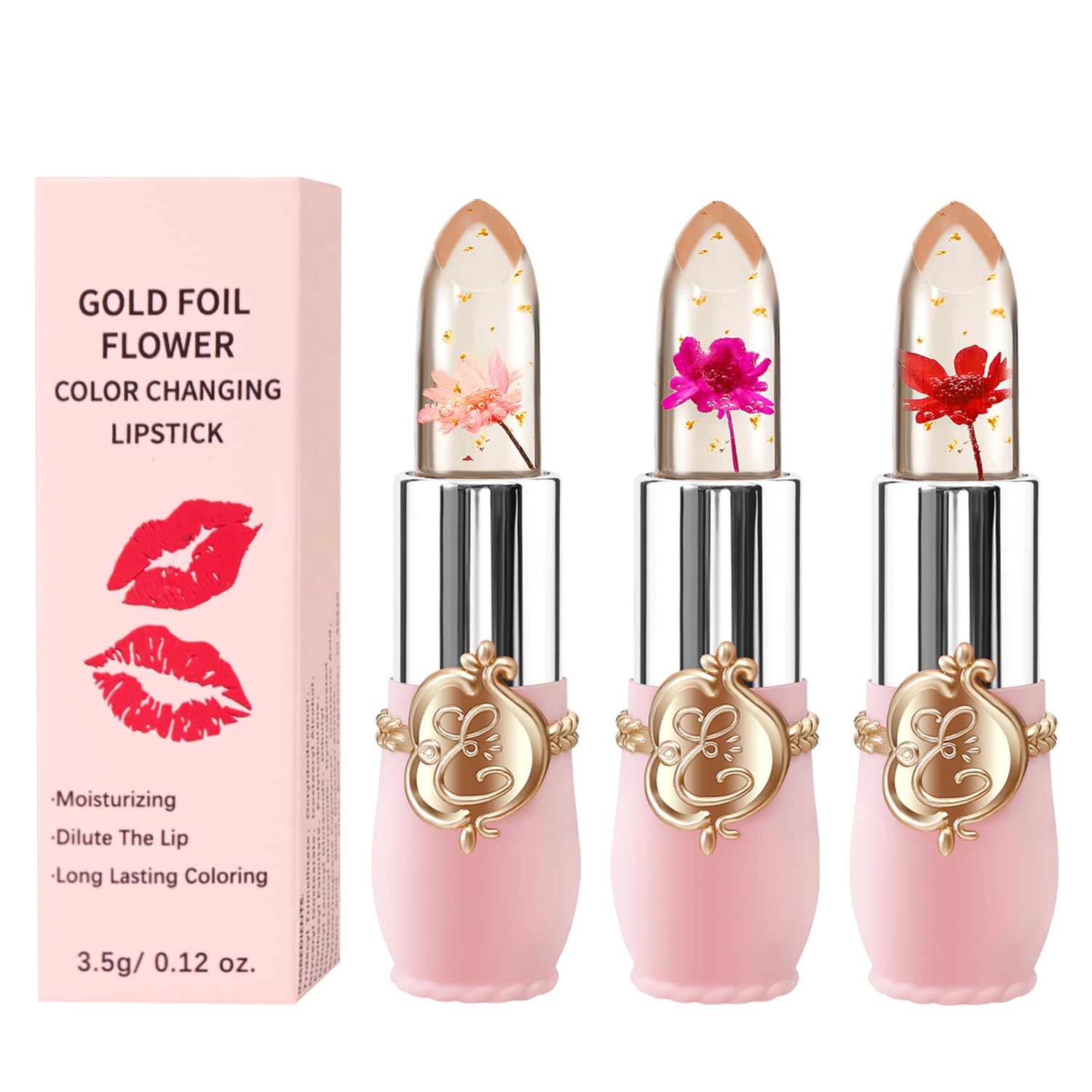 3 Pcs/Set Flower Jelly Lipstick Set Temperature Change Moisturizer Long Lasting Nutritious Balm Magic Color Change Lip Gloss (3Pcs Flower Jelly Lipstick A)