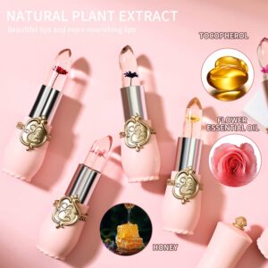 3 Pcs/Set Flower Jelly Lipstick Set Temperature Change Moisturizer Long Lasting Nutritious Balm Magic Color Change Lip Gloss (3Pcs Flower Jelly Lipstick A)