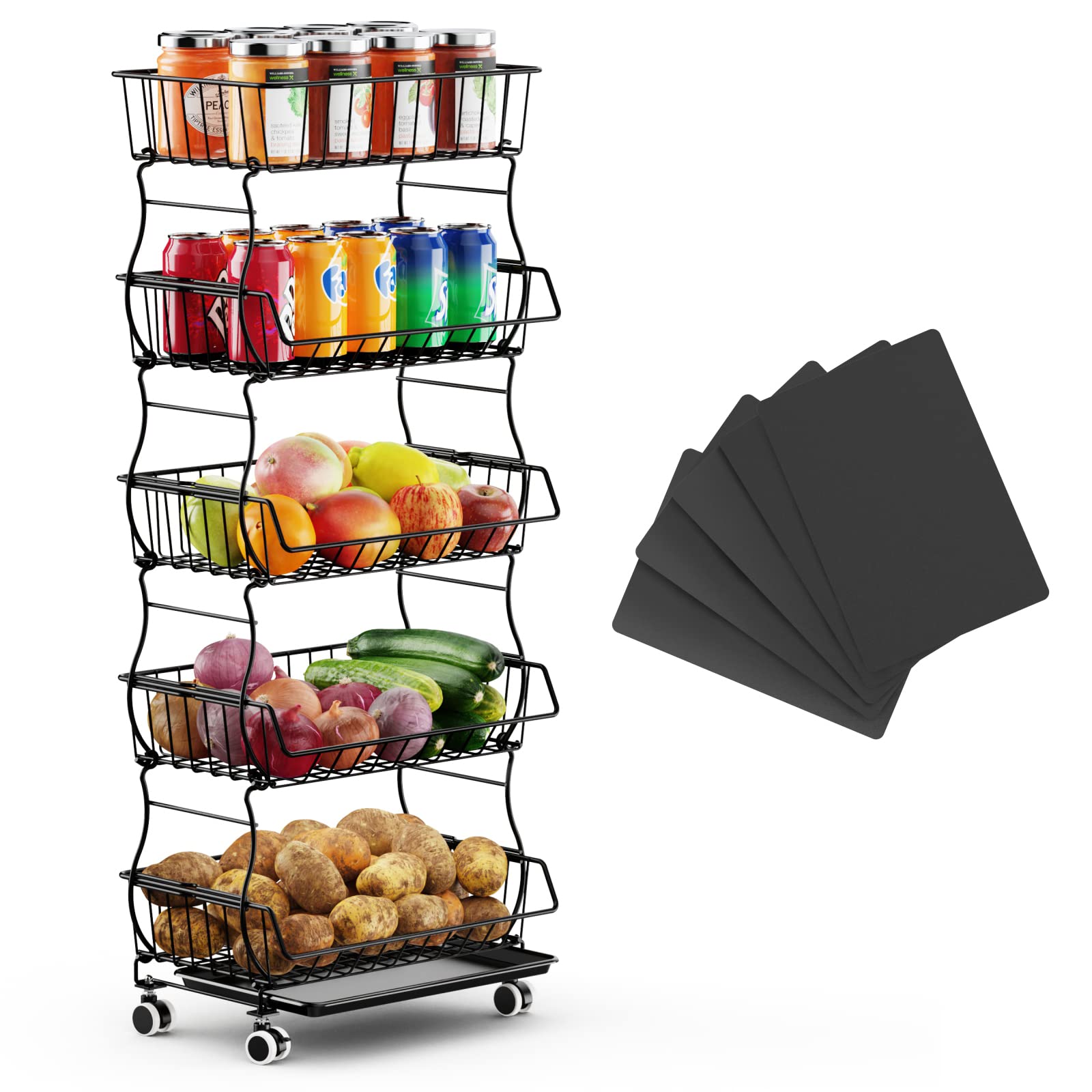 iSPECLE 5 Tier Fruit Basket Stand, Fruit and Vegetable Storage Add Extra Space Large Vegetable Basket Air Cycle Well Made for Kitchen Store Potatoes and Onions with Wheels, Black