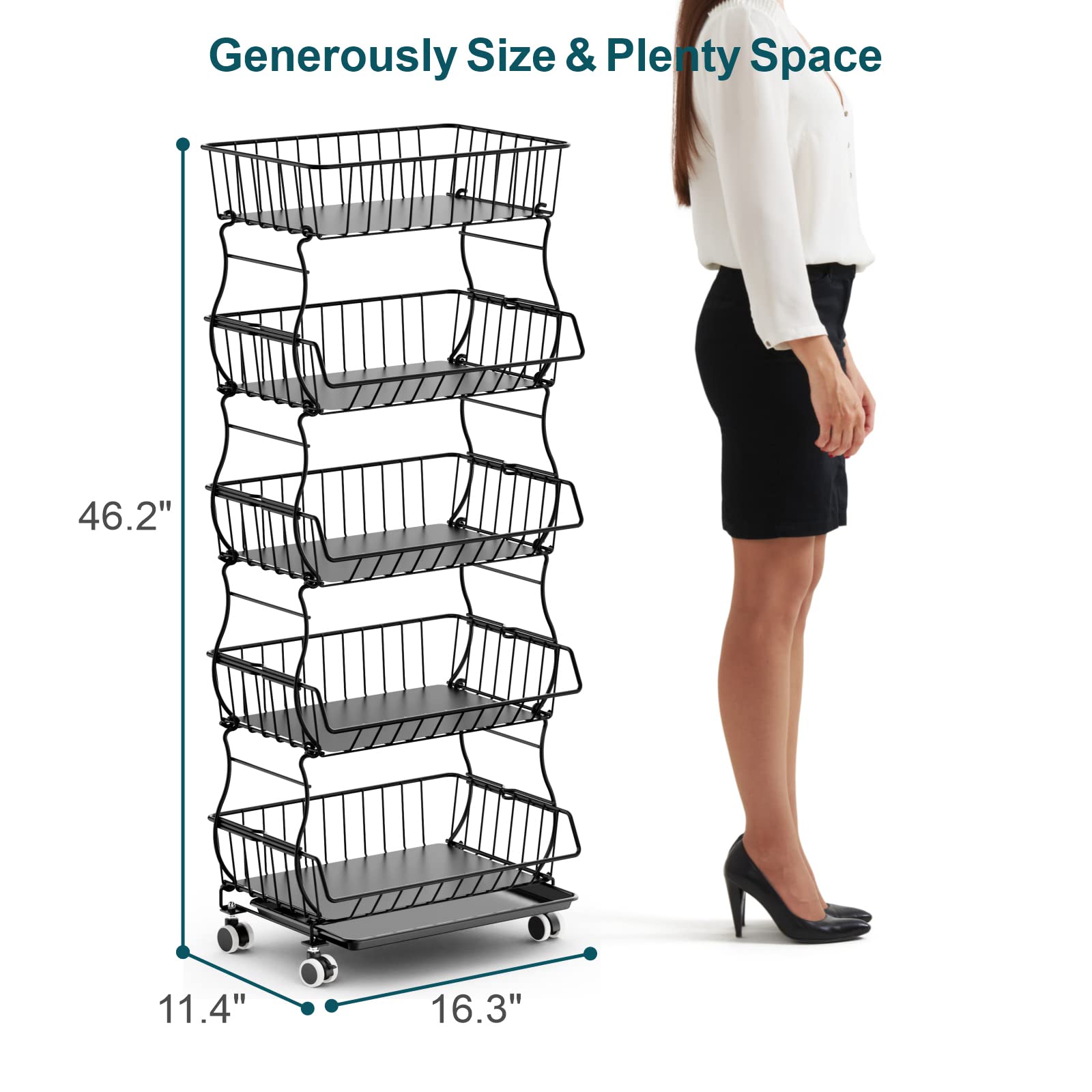 iSPECLE 5 Tier Fruit Basket Stand, Fruit and Vegetable Storage Add Extra Space Large Vegetable Basket Air Cycle Well Made for Kitchen Store Potatoes and Onions with Wheels, Black