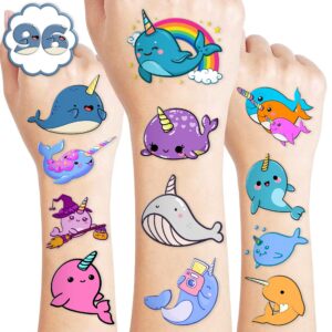 narwhal temporary tattoos - themed whale unicorn birthday party supplies decorations 96pcs tattoos stickers party favors animal fun super cute kids girls boys gifts classroom school prizes christmas