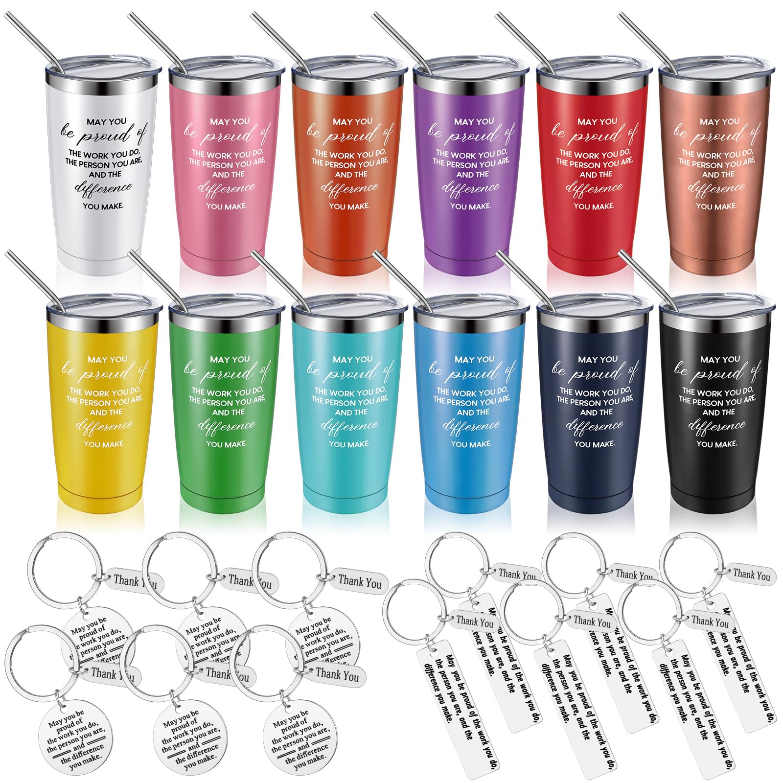 Bokon 12 Pcs Appreciation Gifts Set 20oz Wine Tumbler with Lid Employee Stainless Steel Tumbler Inspirational Keychain Thank You Gifts for Women Men Colleague Coworker Teacher Nurse (Bright Color)