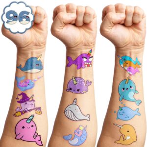 Narwhal Temporary Tattoos - Themed Whale Unicorn Birthday Party Supplies Decorations 96PCS Tattoos Stickers Party Favors Animal Fun Super Cute Kids Girls Boys Gifts Classroom School Prizes Christmas