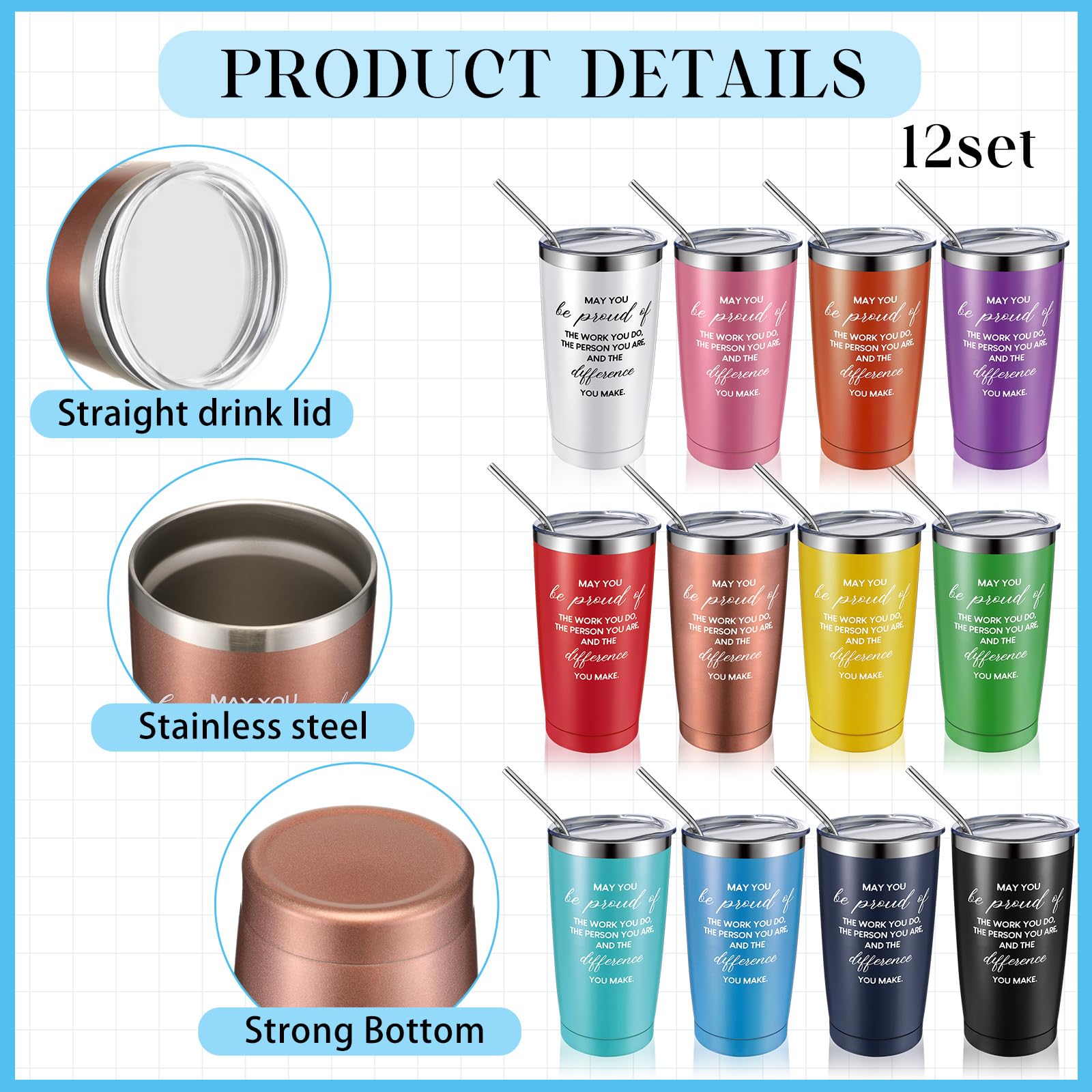 Bokon 12 Pcs Appreciation Gifts Set 20oz Wine Tumbler with Lid Employee Stainless Steel Tumbler Inspirational Keychain Thank You Gifts for Women Men Colleague Coworker Teacher Nurse (Bright Color)