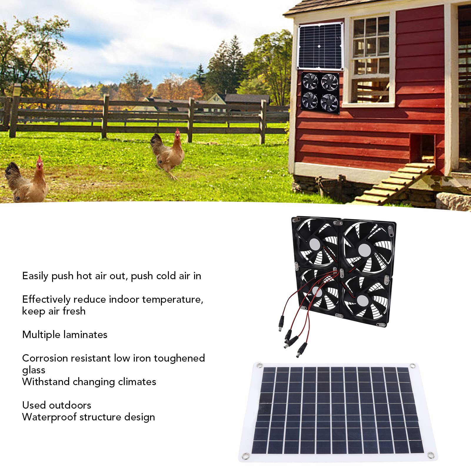 HFEHSKJ Solar Powered Fan, 50W Solar Panel IP65 Waterproof with 4 Solar Exhaust Fan, Solar Panel Fan for Dog House, Chicken Coop, Shed, Outside