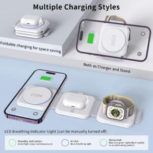3 in 1 Portable Magnetic Wireless Charger, Fast Charging Travel Wireless Charging Station, Foldable Wireless Charging Stand for iPhone15/14/13/12 Series, AirPods Pro/3/2, Apple Watch(Adapter Included)