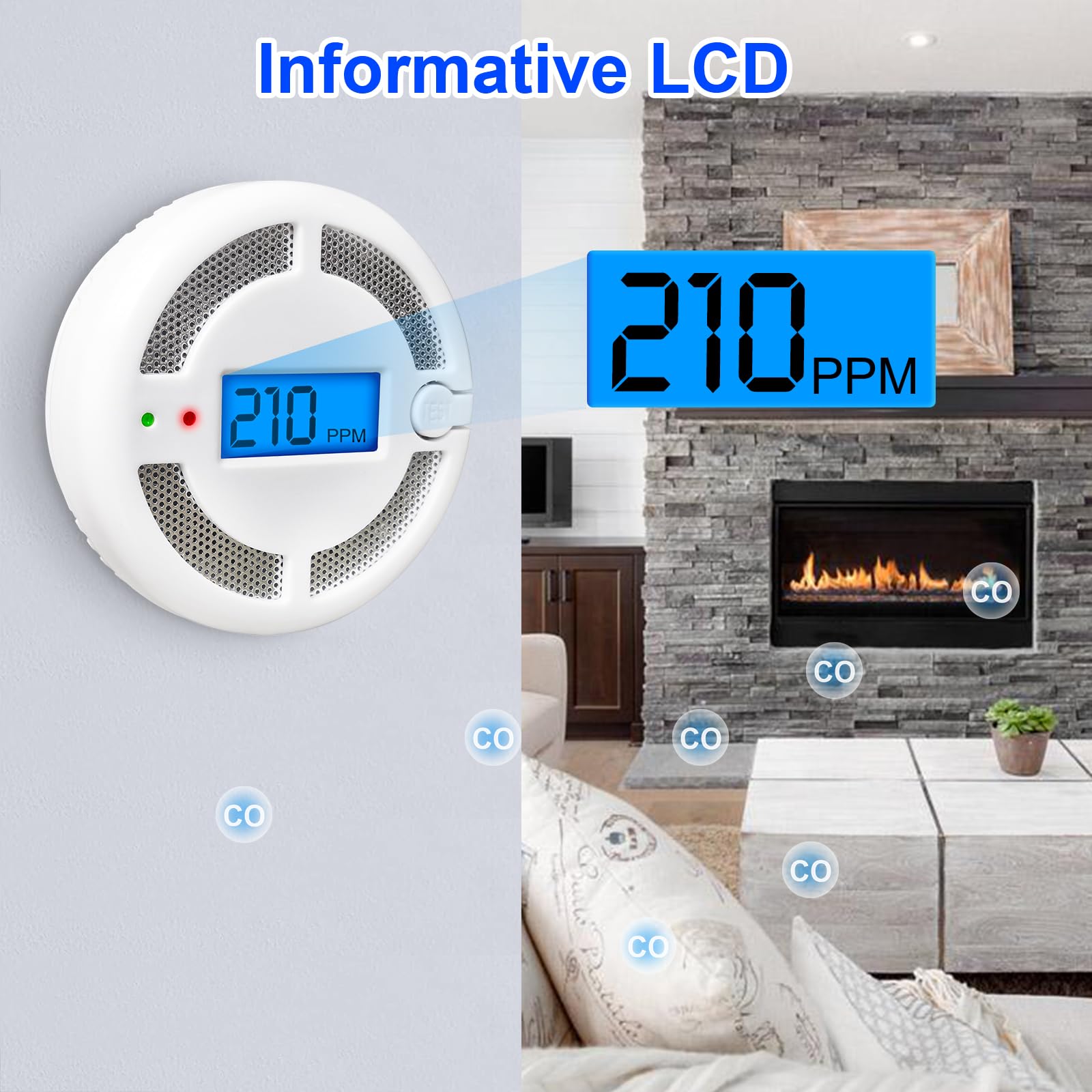 Carbon Monoxide Detector with LED Digital Display, Portable Carbon Monoxide Alarms for Home, CO Alarm with UL2034, Replaceable Batteries (Batteries NOT Included),1 Pack