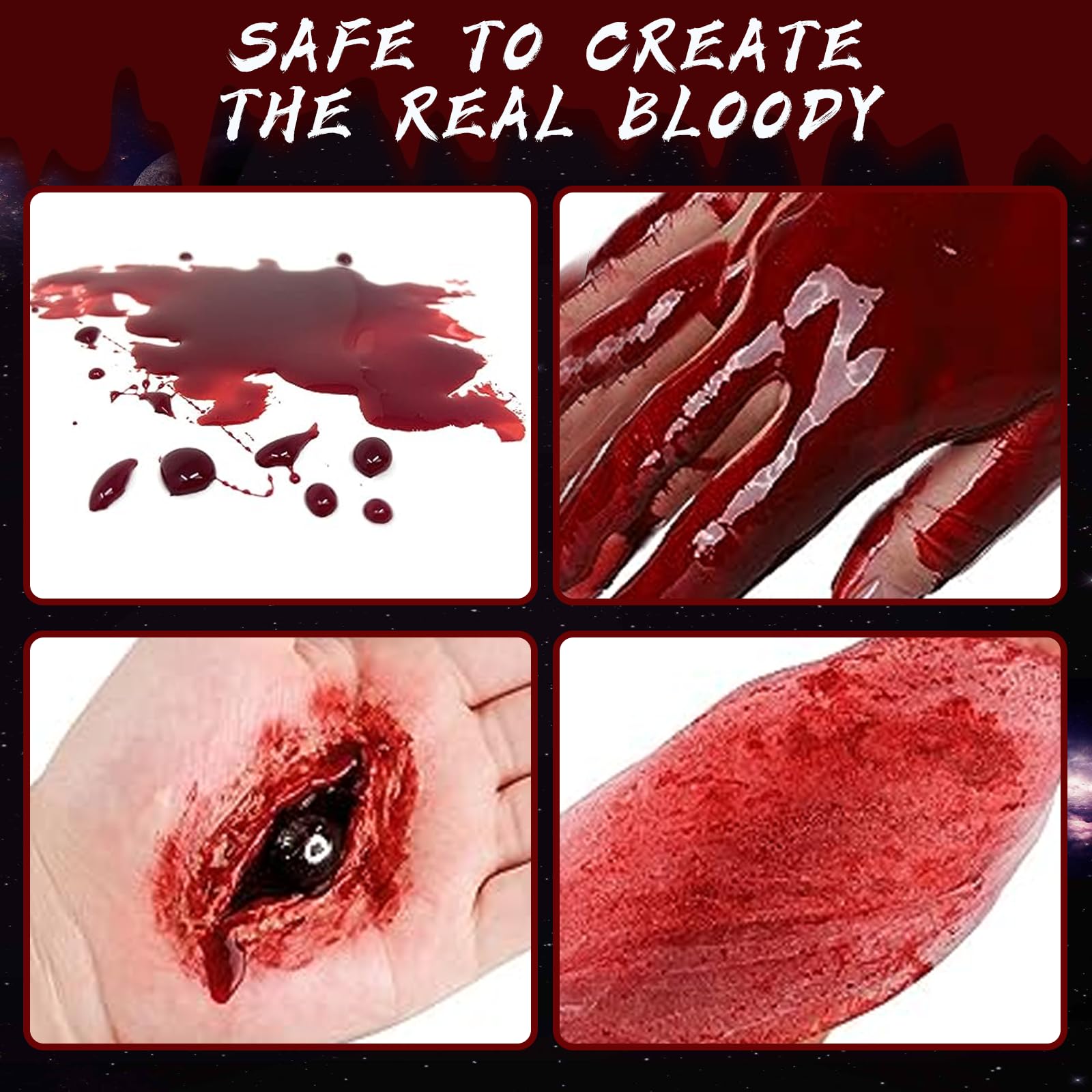 Halloween Fake Blood Washable, Realistic Effects Fake Blood for Scar Wound and Clothes,Easy Dry Flow Fake Blood for Eyes Drips Nose Bleeds, for Cosplay SFX Zombie Vampire Special Effects,Dark