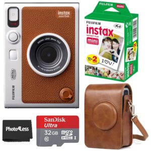 fujifilm instax mini evo hybrid brown instant camera | fuji instax mini twin pack instant film | 32gb microsd | camera case - bundle