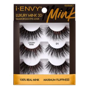 i-envy false lashes, mink 3d lashes value pack real mink maximum fluffy wispy luxury glamorous natural look reusable eyelashes (01)