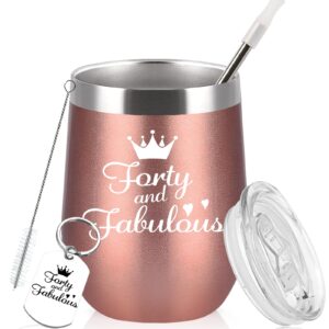 Diztoud 40th Birthday Gifts Women, Forty and Fabulous, 40th Birthday Decorations, Funny 40 Year Old Birthday Gifts for Her, Sister, Best Friends, 12oz Stainless Steel Wine Tumbler, Keychain and Box