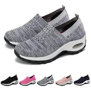 women's mesh orthopedic air cushion trainers casual slip-on sock walking shoes fashion comfortable thick sole work laces arch support (grey,8.5)