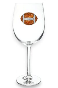 the queens' jewels football - orange and white - jeweled stemmed wine glass, 21 oz. - unique gift for women, birthday, cute, fun, not painted, decorated, bling, bedazzled, rhinestone