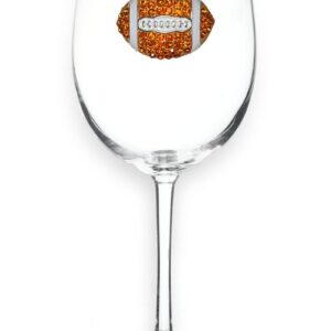THE QUEENS' JEWELS Football - Orange and White - Jeweled Stemmed Wine Glass, 21 oz. - Unique Gift for Women, Birthday, Cute, Fun, Not Painted, Decorated, Bling, Bedazzled, Rhinestone