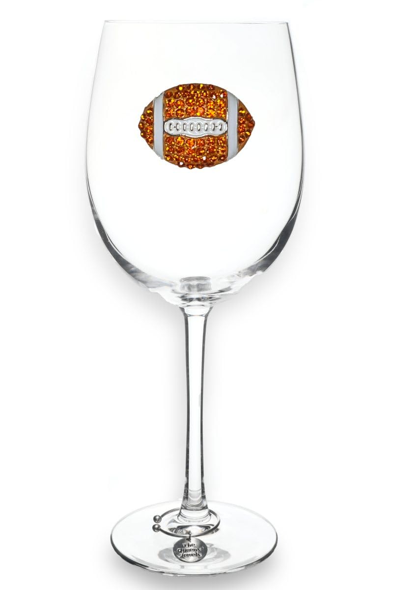 THE QUEENS' JEWELS Football - Orange and White - Jeweled Stemmed Wine Glass, 21 oz. - Unique Gift for Women, Birthday, Cute, Fun, Not Painted, Decorated, Bling, Bedazzled, Rhinestone