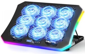 keibn upgraded gaming laptop cooler pad with 9 quiet rgb fans, cooling pad for 15.6-17.3 inch laptops with 7 height stands, 2 usb ports, phone stand-blue