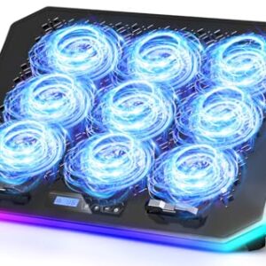 KeiBn Upgraded Gaming Laptop Cooler Pad with 9 Quiet RGB Fans, Cooling Pad for 15.6-17.3 Inch Laptops with 7 Height Stands, 2 USB Ports, Phone Stand-Blue