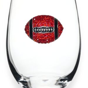THE QUEENS' JEWELS Football - Red and Black - Jeweled Stemless Wine Glass, 21 oz. - Unique Gift for Women, Birthday, Cute, Fun, Not Painted, Decorated, Bling, Bedazzled, Rhinestone