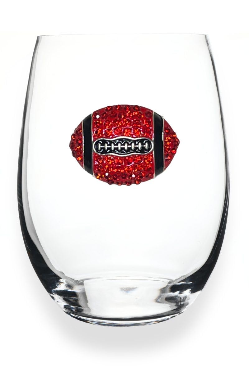 THE QUEENS' JEWELS Football - Red and Black - Jeweled Stemless Wine Glass, 21 oz. - Unique Gift for Women, Birthday, Cute, Fun, Not Painted, Decorated, Bling, Bedazzled, Rhinestone