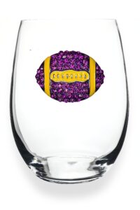the queens' jewels football - purple and gold - jeweled stemless wine glass, 21 oz. - unique gift for women, birthday, cute, fun, not painted, decorated, bling, bedazzled, rhinestone