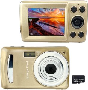 edealz 16mp megapixel compact digital photo and video camera with 32gb sd card 2.4" lcd screen, mic input and usb media transfer (gold)