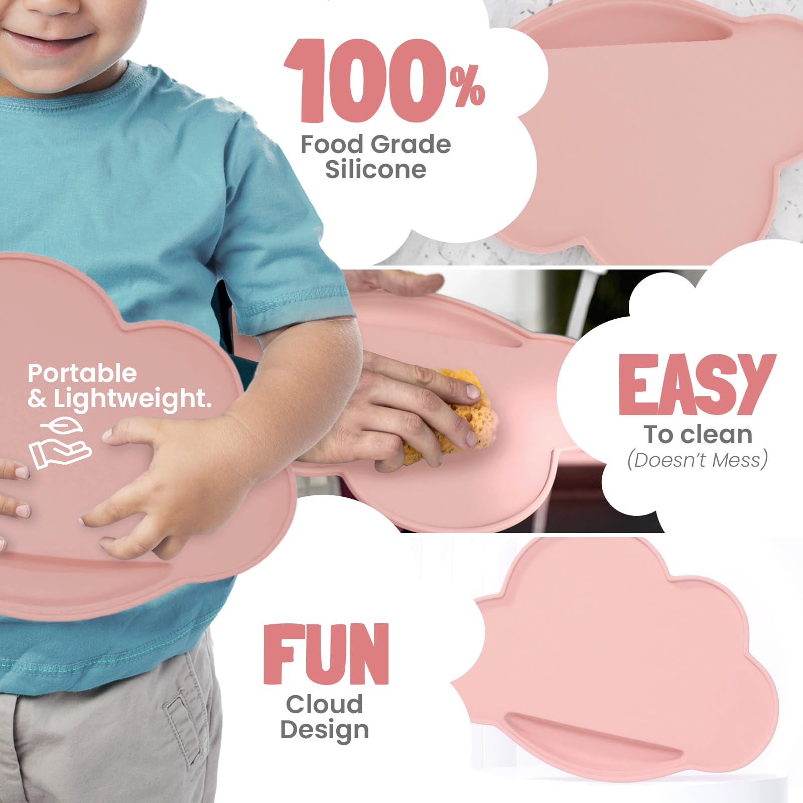 Nümi Silicone Placemat for Toddlers Kids | Fun & Functional Kids Placemats for Dining Table | Toddler Eating Supplies (Pink)