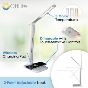 OttLite Charge Up LED Desk Lamp with Wireless Charging & ClearSun LED Technology - 3 Color Temperature Modes, Adjustable Neck -Task Lamp for Home, Reading, Office & Dorms