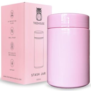 stash jar smell proof container (500ml) for herbs, spices, coffee, teas & more, double sealed air tight jar, thick uv protection glass, smell proof herb storage, x2 resealable smell proof bags (pink)