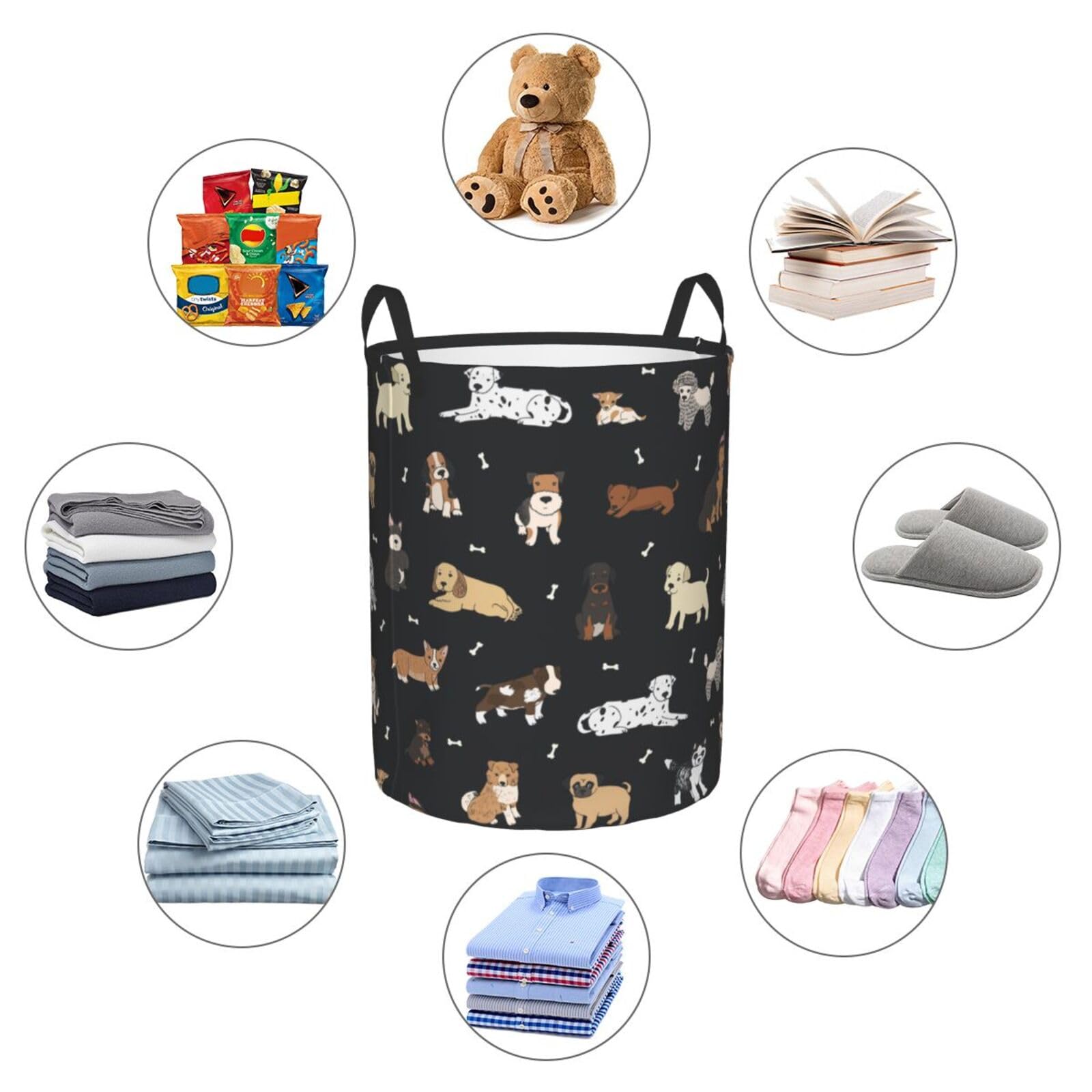 Gbuzozie Cute Dogs Round Laundry Hamper Cartoon Puppy Animals Storage Basket Toys Clothes Organizer Bin For Home Bathroom Bedroom Dorm Nursery, 62l