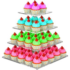 4 tier acrylic cupcake stand for 50 cupcakes, large square cupcake tower, dessert cup cake tier stand holder, clear tiered cupcake display tree for birthday, wedding, baby shower, party décor