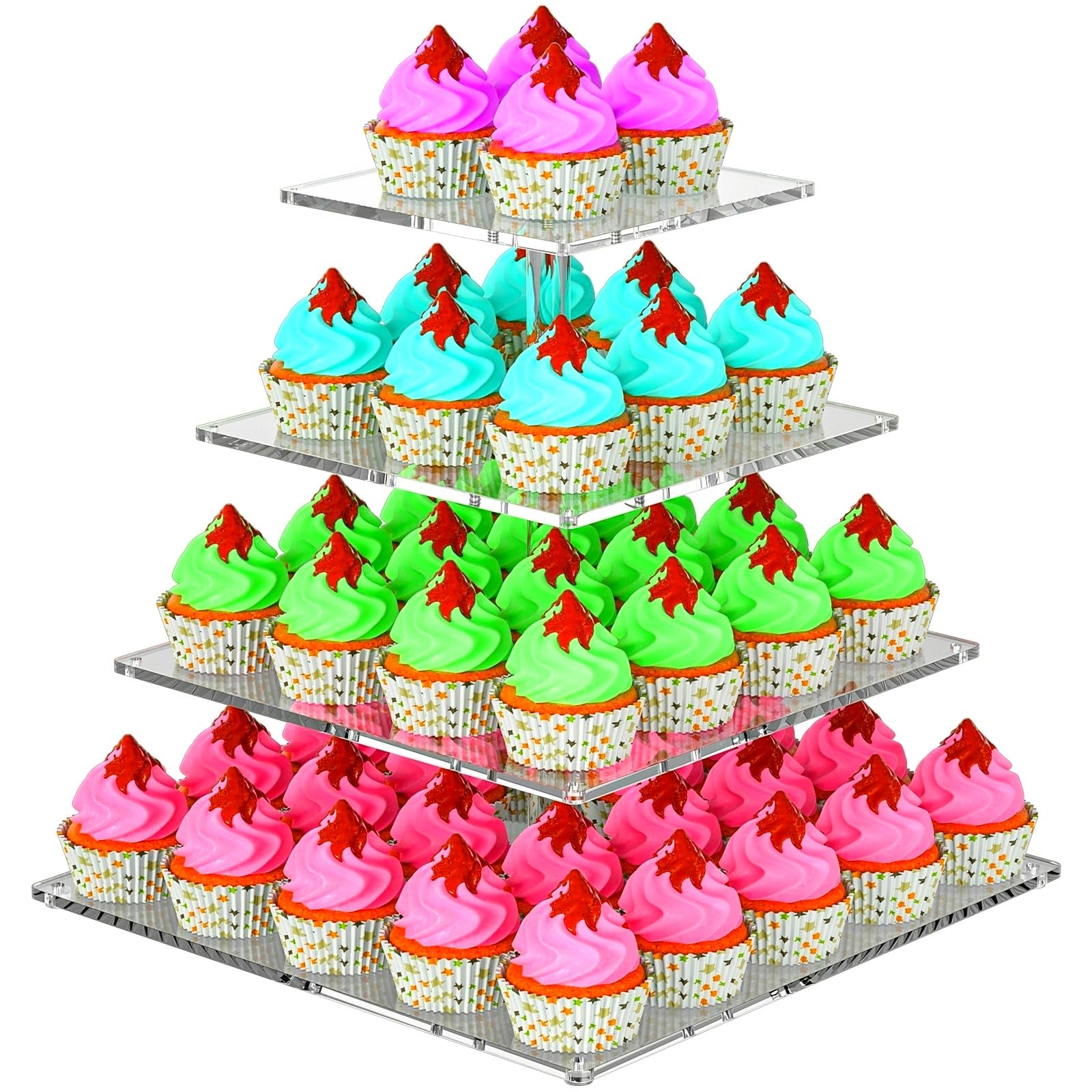 4 Tier Acrylic Cupcake Stand for 50 Cupcakes, Large Square Cupcake Tower, Dessert Cup Cake Tier Stand Holder, Clear Tiered Cupcake Display Tree for Birthday, Wedding, Baby Shower, Party DéCor