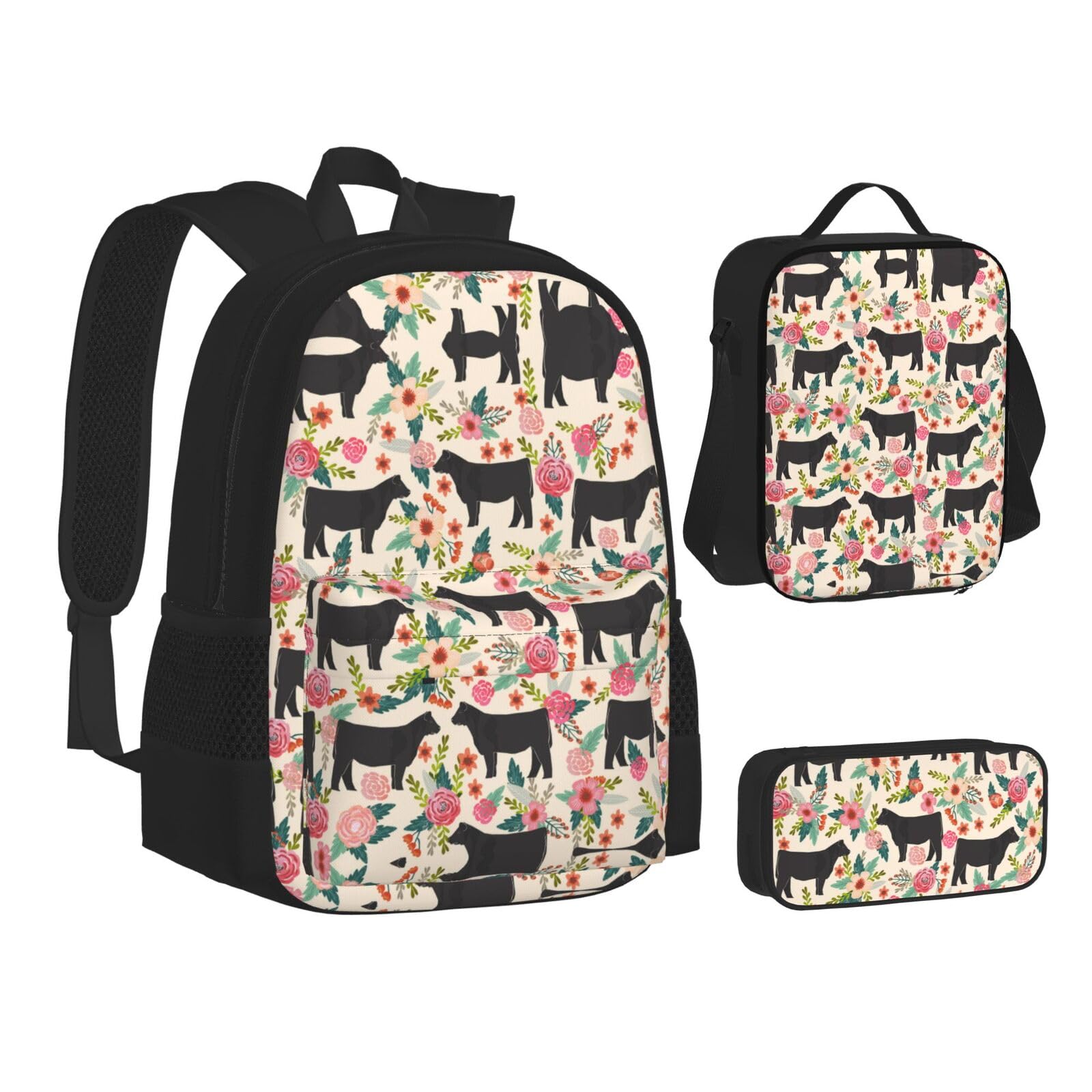 MQGMZ Pink Flower Show Steer Cows Cattle Print Backpack 3 Pcs Set Travel Hiking Lightweight Water Laptop Pencil Case Insulated Lunch Bag