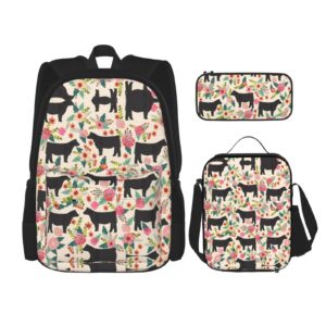 MQGMZ Pink Flower Show Steer Cows Cattle Print Backpack 3 Pcs Set Travel Hiking Lightweight Water Laptop Pencil Case Insulated Lunch Bag