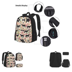 MQGMZ Pink Flower Show Steer Cows Cattle Print Backpack 3 Pcs Set Travel Hiking Lightweight Water Laptop Pencil Case Insulated Lunch Bag