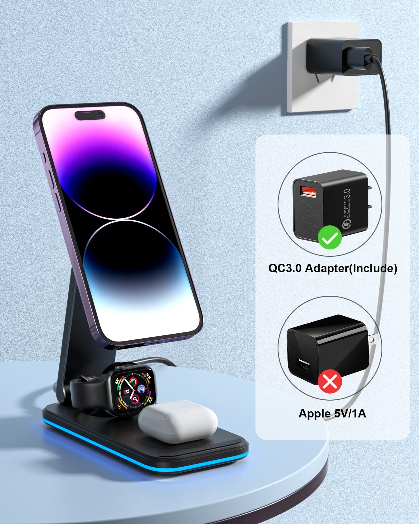 BOCLOUD 3 in 1 Wireless Charging Station, Portable Charging Stand Fast Wireless Charger for iPhone 15, 14,13,12 Pro Max/Pro/Mini, iWatch 8/SE2/7/6/SE/5/4/3/2, AirPods Pro/3/2