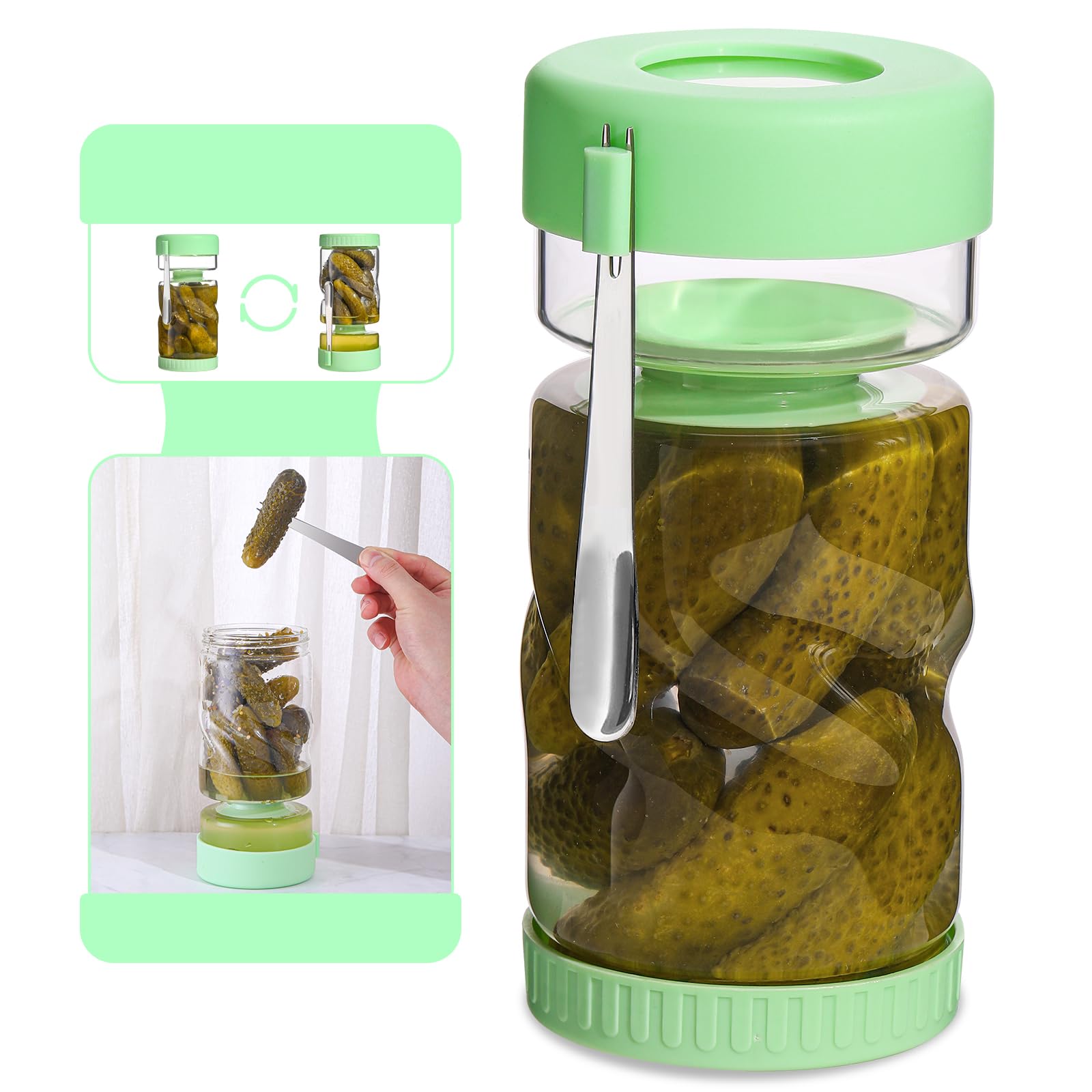 fruui Glass Pickle Jar with Strainer Flip and Stainless Steel Fork, 36oz Leakproof Airtight Pickle Container with Strainer, Hourglass Pickle Juice Separator Jar for Capers, Olive and Jalapenos