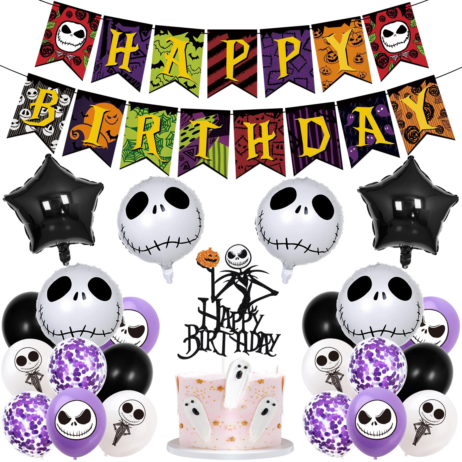 Jack Skellington Happy Birthday Banner Nightmare Before Christmas Birthday Banner Horror Birthday Banner for Nightmare Before Christmas Birthday Decorations Horrible Movie Birthday Party Decorations