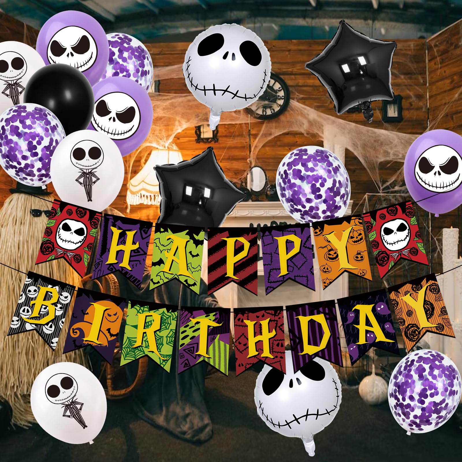 Jack Skellington Happy Birthday Banner Nightmare Before Christmas Birthday Banner Horror Birthday Banner for Nightmare Before Christmas Birthday Decorations Horrible Movie Birthday Party Decorations