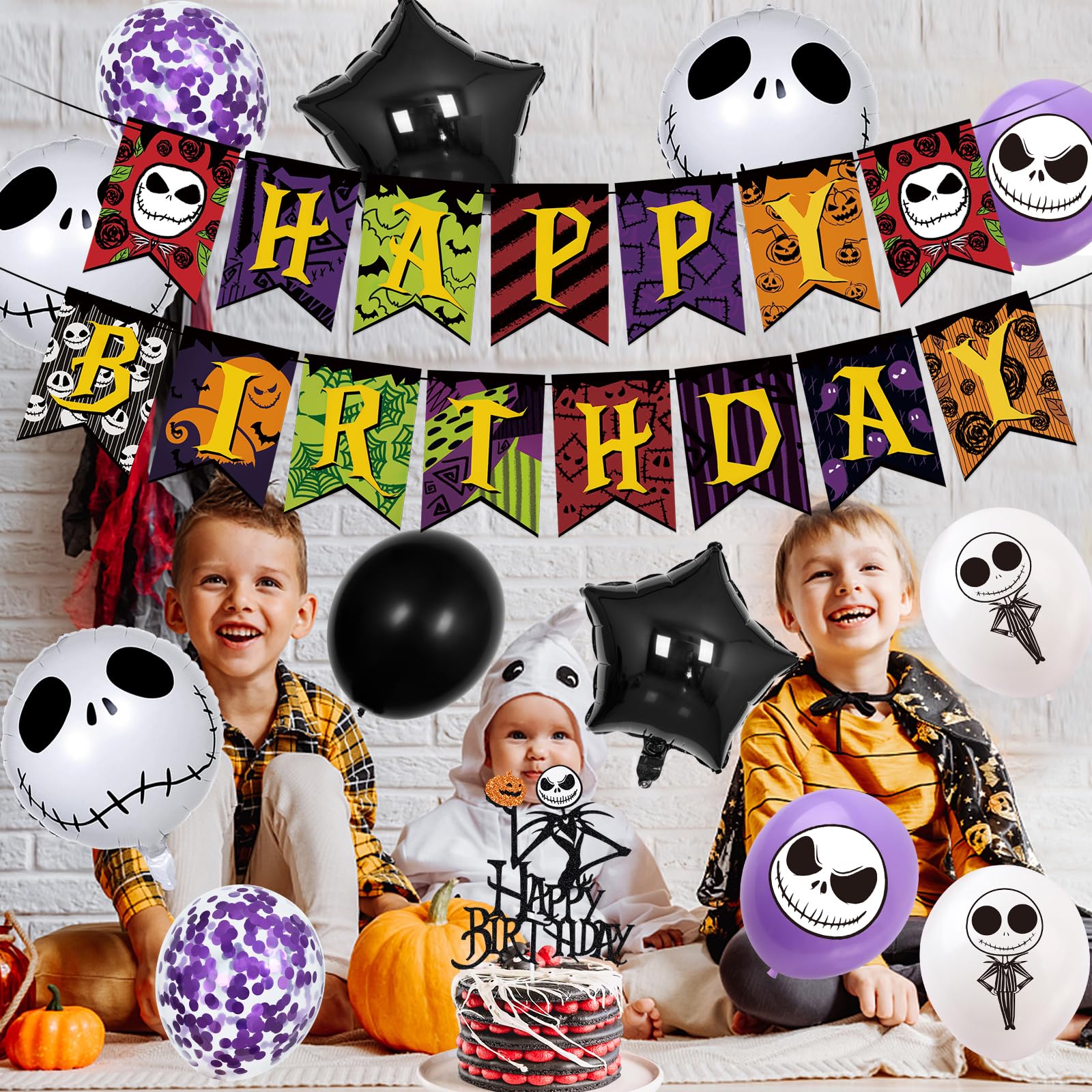 Jack Skellington Happy Birthday Banner Nightmare Before Christmas Birthday Banner Horror Birthday Banner for Nightmare Before Christmas Birthday Decorations Horrible Movie Birthday Party Decorations