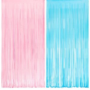 pink and blue party photo backdrop - greatril foil fringe tinsel streamers for boy or girl/pastel/easter/birthdays party decoration - 3.2ft x 8.2ft - 2 packs