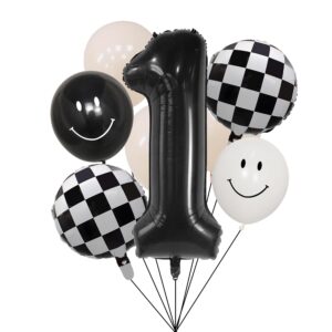 100% liked-one happy dude balloon set, 40” black one|black & white smiley face latex |checkered foil for one happy dude birthday decorations, baby shower,1st birthday party supplies